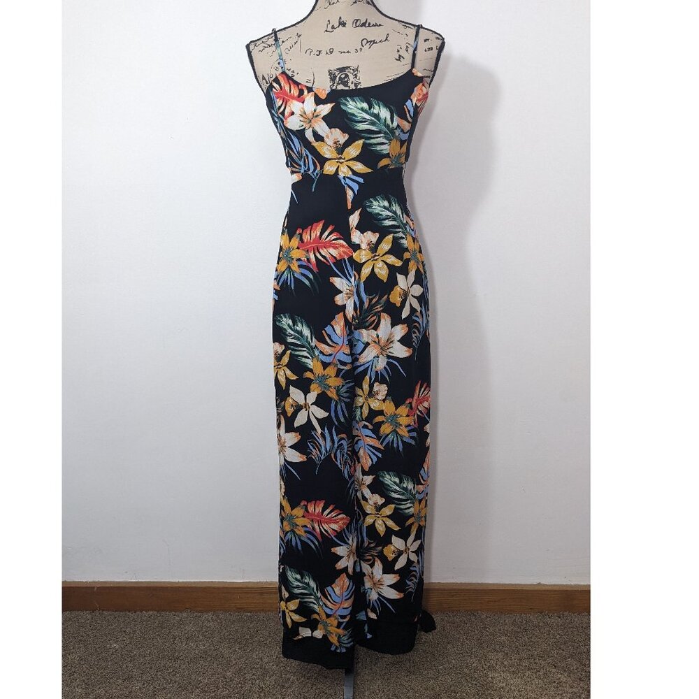 Lulus Black Floral Print Jumpsuit Lined Crinkled Spaghetti Strap Back Tie S